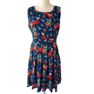 Paper Plane Dress L XL Pleated Blue Orange FOX Strawberries NWT Sleeveless